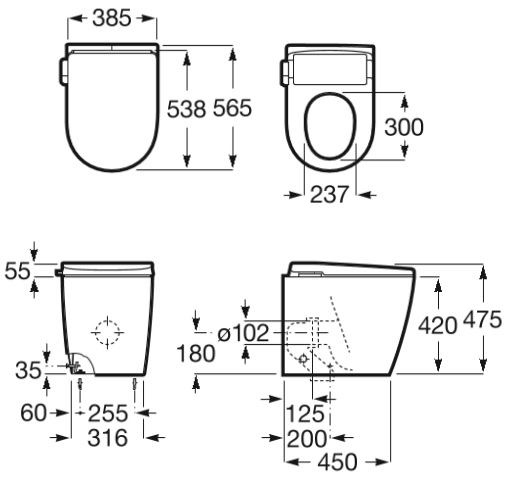 Cotas Avant-E - Inodoro adosado a pared con cisterna integrada In-Tank®. Alimentación hidráulica interna con toma eléctrica